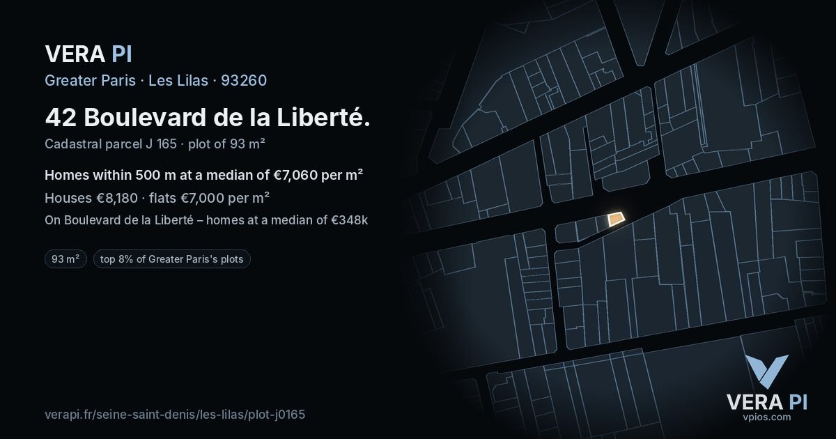 42 Boulevard de la Liberté, Les Lilas at night – the plot lit, the parcels around coloured by the prices near them
