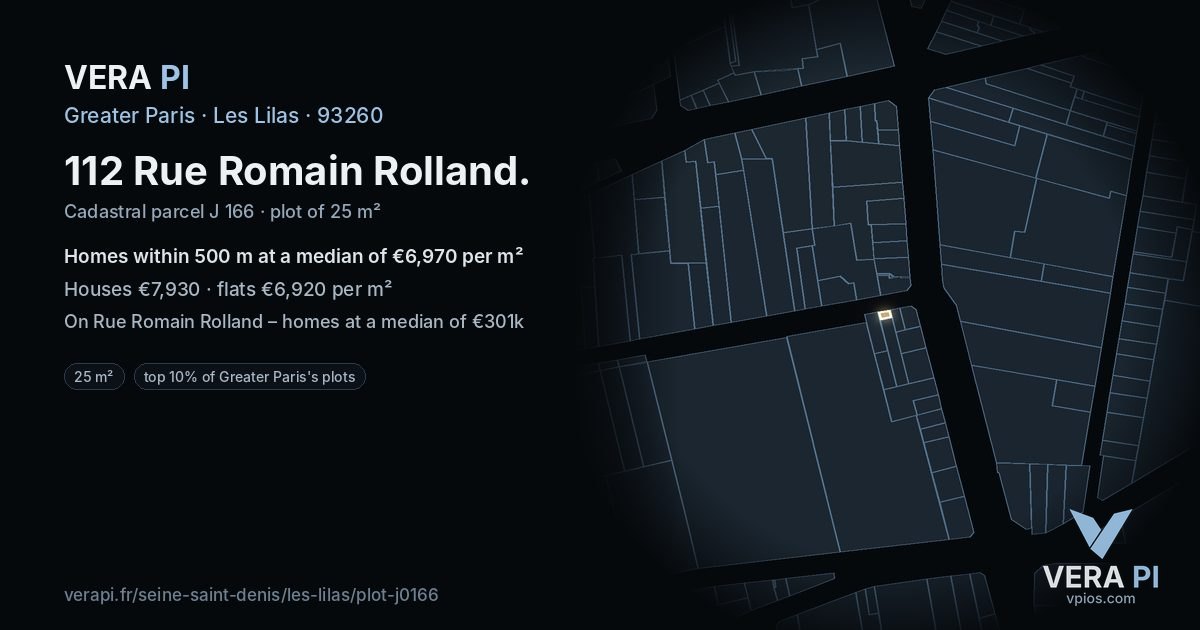 112 Rue Romain Rolland, Les Lilas at night – the plot lit, the parcels around coloured by the prices near them