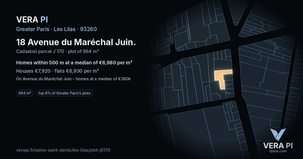 18 Avenue du Maréchal Juin, Les Lilas at night – the plot lit, the parcels around coloured by the prices near them