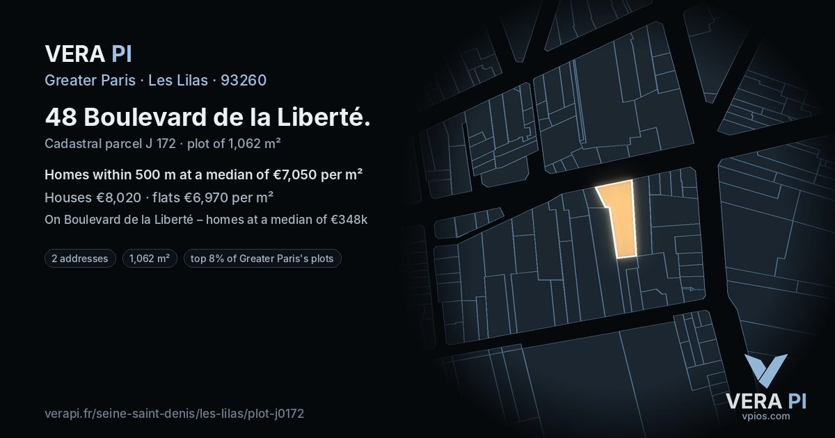 48 Boulevard de la Liberté, Les Lilas at night – the plot lit, the parcels around coloured by the prices near them
