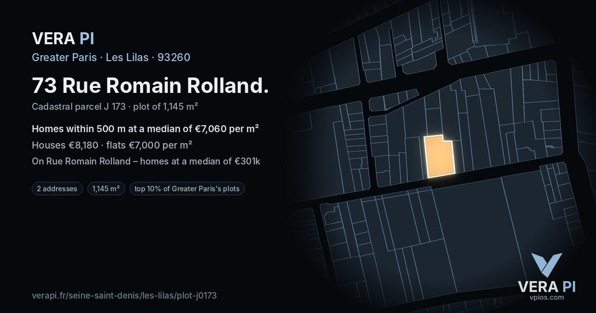 73 Rue Romain Rolland, Les Lilas at night – the plot lit, the parcels around coloured by the prices near them