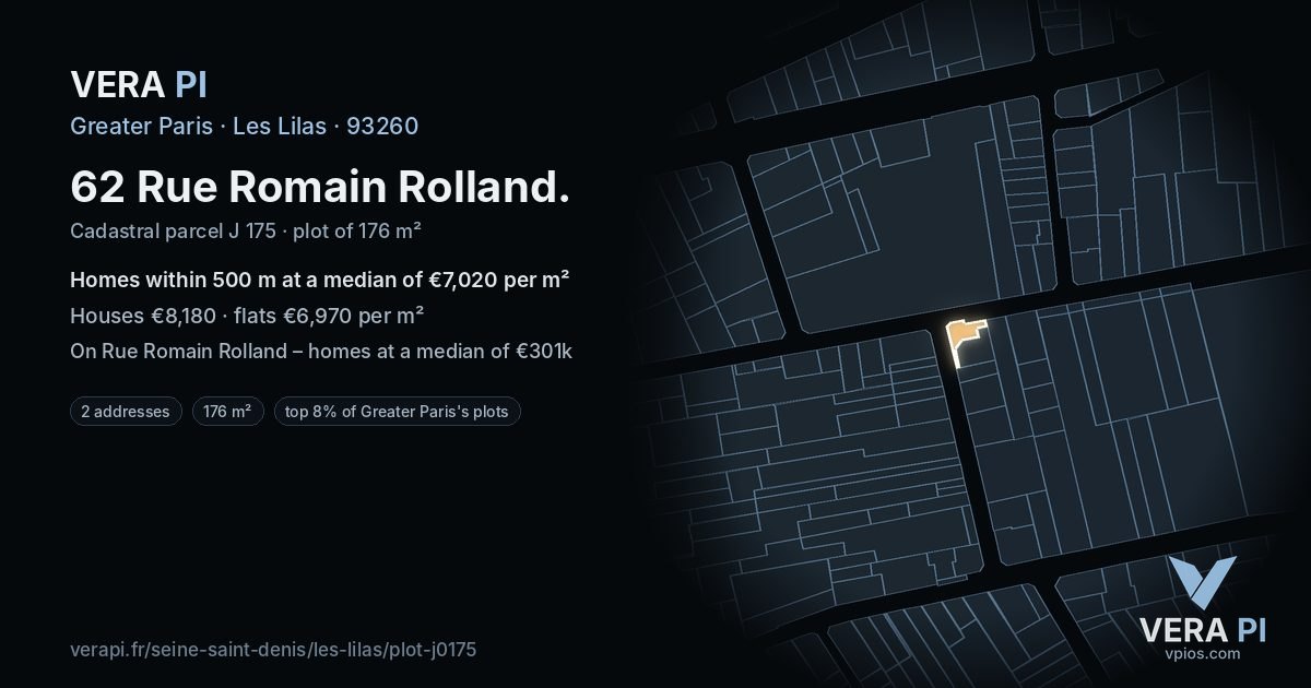 62 Rue Romain Rolland, Les Lilas at night – the plot lit, the parcels around coloured by the prices near them