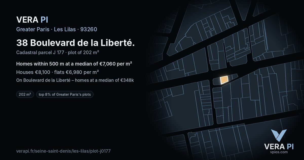 38 Boulevard de la Liberté, Les Lilas at night – the plot lit, the parcels around coloured by the prices near them