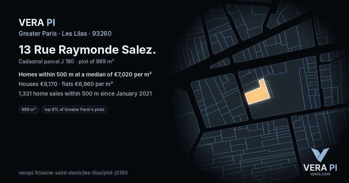 13 Rue Raymonde Salez, Les Lilas at night – the plot lit, the parcels around coloured by the prices near them
