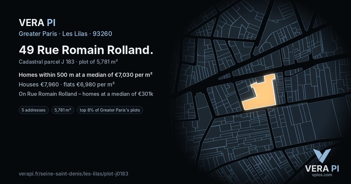 49 Rue Romain Rolland, Les Lilas at night – the plot lit, the parcels around coloured by the prices near them