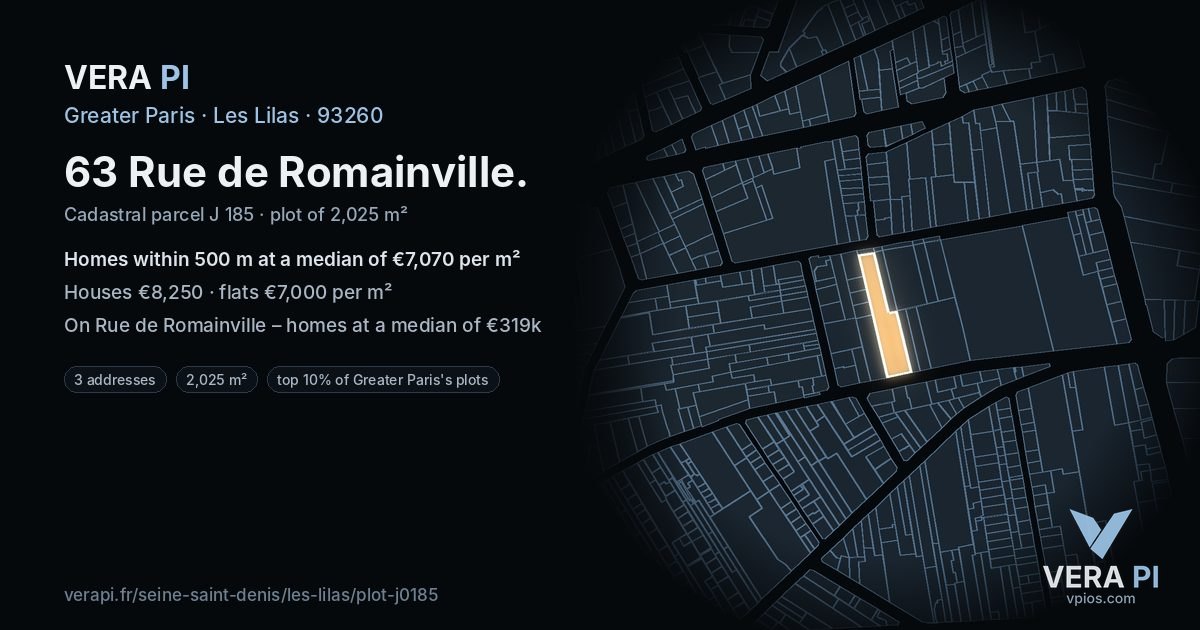 63 Rue de Romainville, Les Lilas at night – the plot lit, the parcels around coloured by the prices near them
