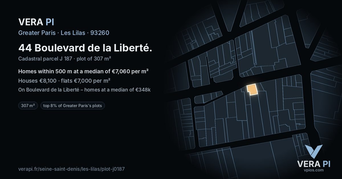 44 Boulevard de la Liberté, Les Lilas at night – the plot lit, the parcels around coloured by the prices near them