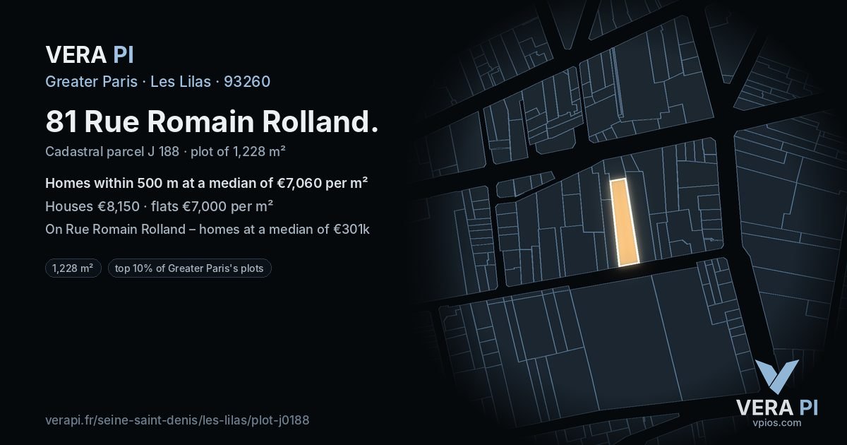 81 Rue Romain Rolland, Les Lilas at night – the plot lit, the parcels around coloured by the prices near them