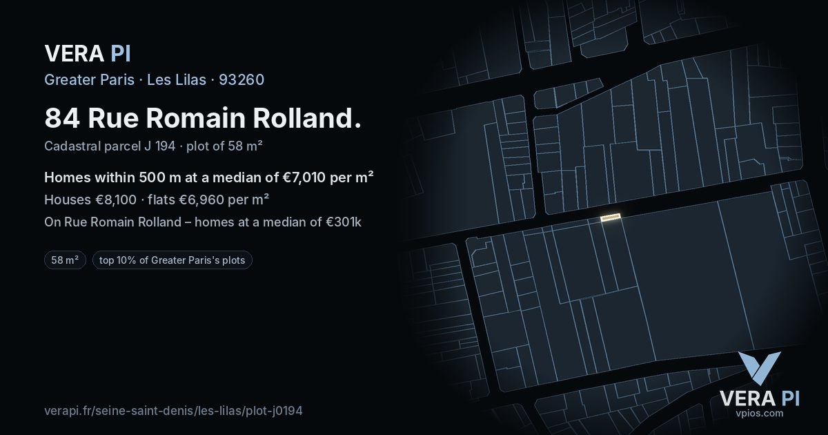 84 Rue Romain Rolland, Les Lilas at night – the plot lit, the parcels around coloured by the prices near them
