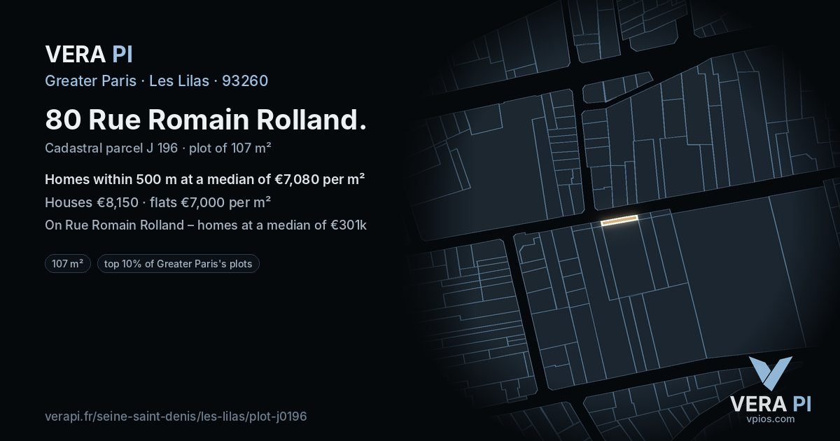 80 Rue Romain Rolland, Les Lilas at night – the plot lit, the parcels around coloured by the prices near them