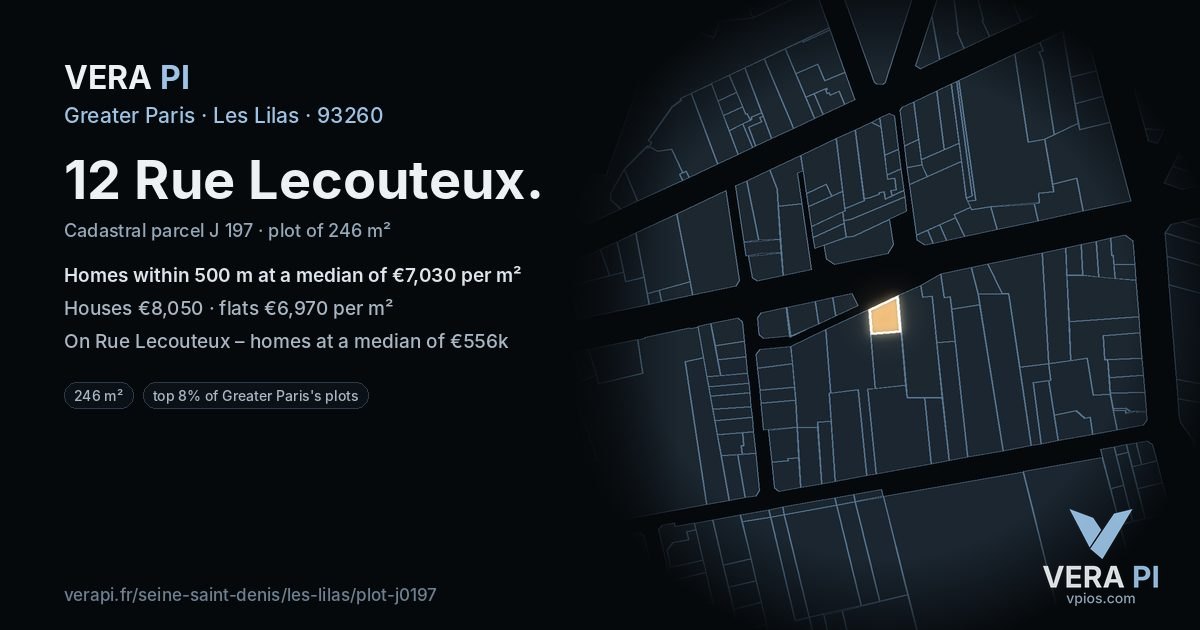 12 Rue Lecouteux, Les Lilas at night – the plot lit, the parcels around coloured by the prices near them