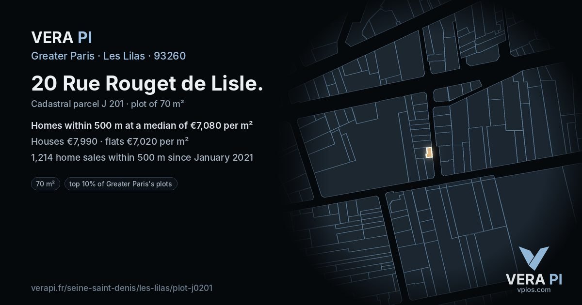 20 Rue Rouget de Lisle, Les Lilas at night – the plot lit, the parcels around coloured by the prices near them