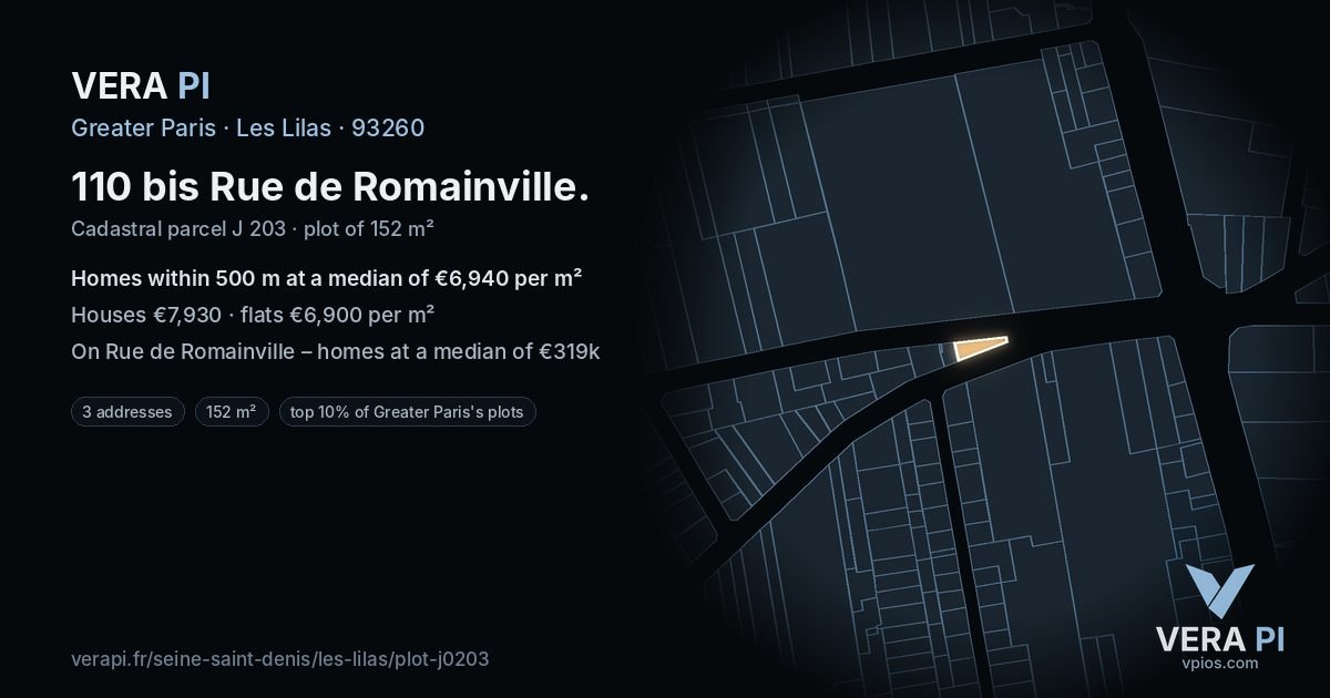 110 bis Rue de Romainville, Les Lilas at night – the plot lit, the parcels around coloured by the prices near them
