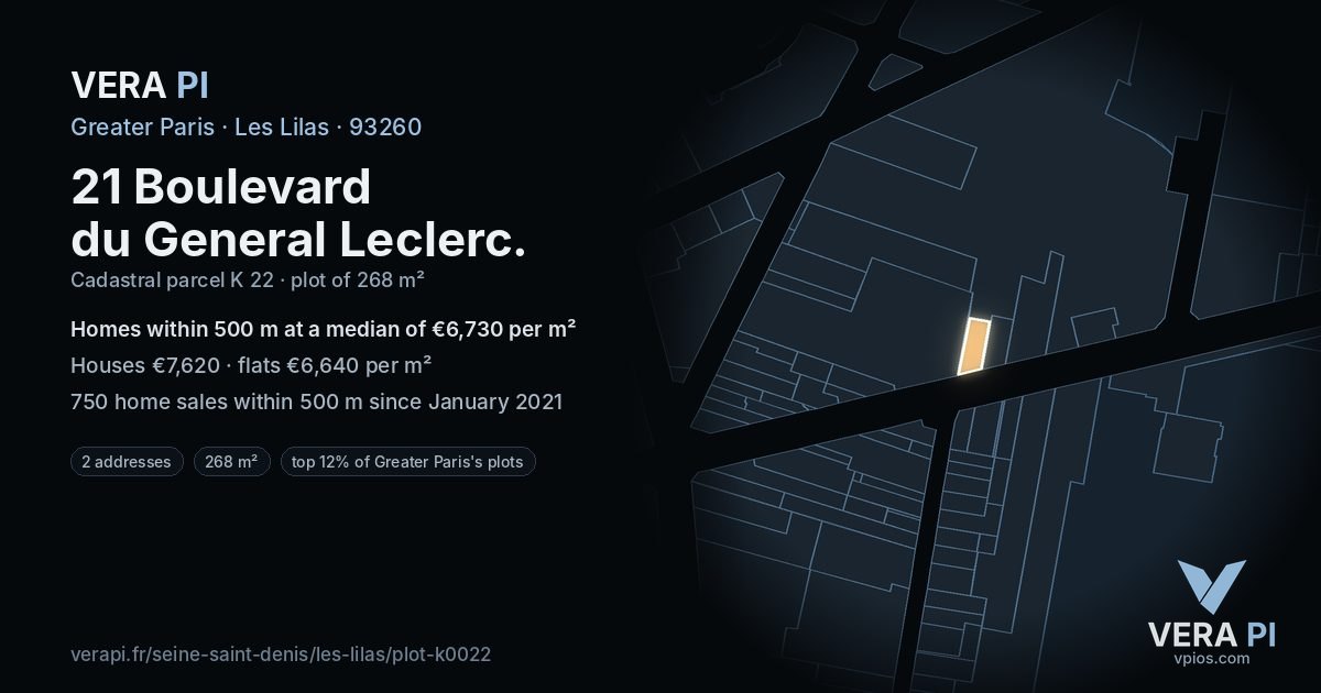 21 Boulevard du General Leclerc, Les Lilas at night – the plot lit, the parcels around coloured by the prices near them