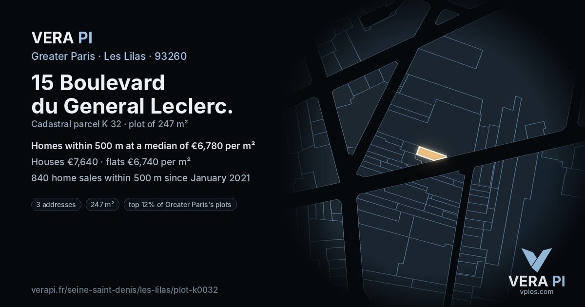 15 Boulevard du General Leclerc, Les Lilas at night – the plot lit, the parcels around coloured by the prices near them
