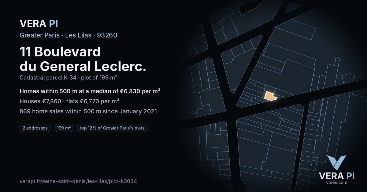 11 Boulevard du General Leclerc, Les Lilas at night – the plot lit, the parcels around coloured by the prices near them