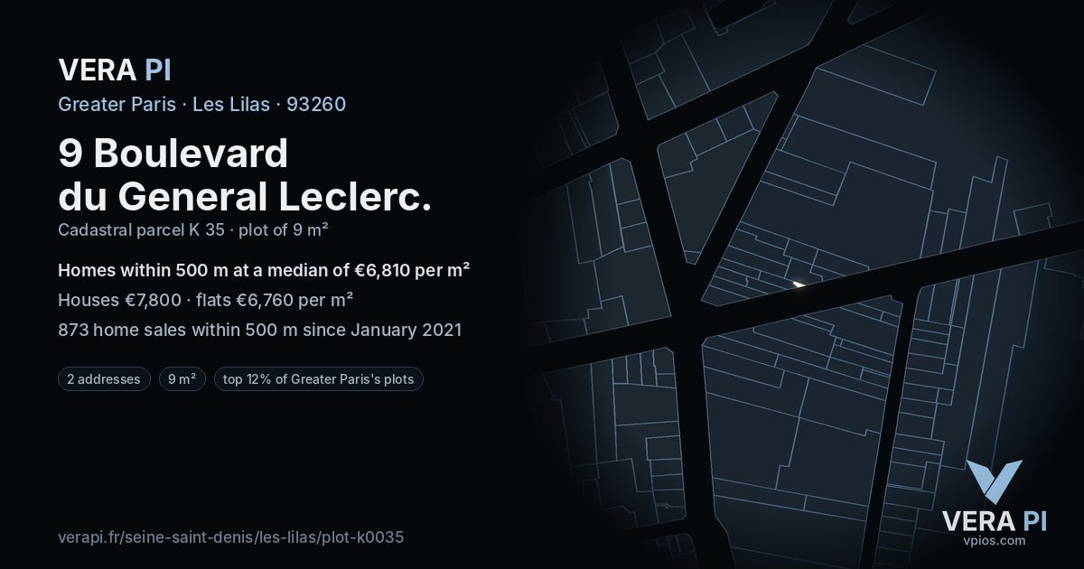 9 Boulevard du General Leclerc, Les Lilas at night – the plot lit, the parcels around coloured by the prices near them