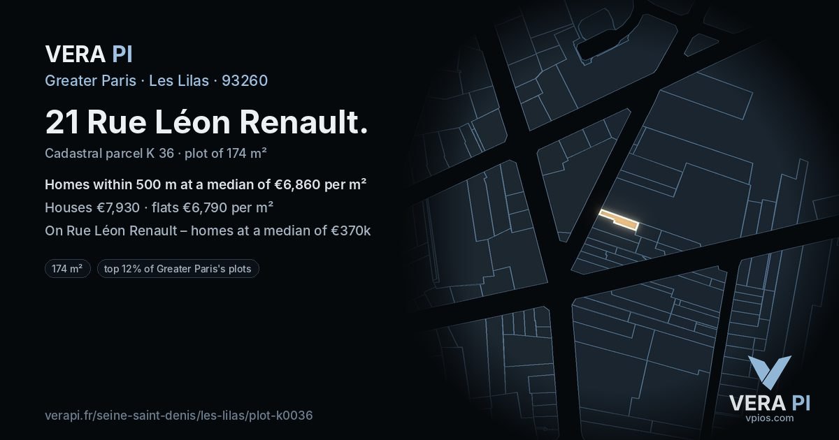 21 Rue Léon Renault, Les Lilas at night – the plot lit, the parcels around coloured by the prices near them