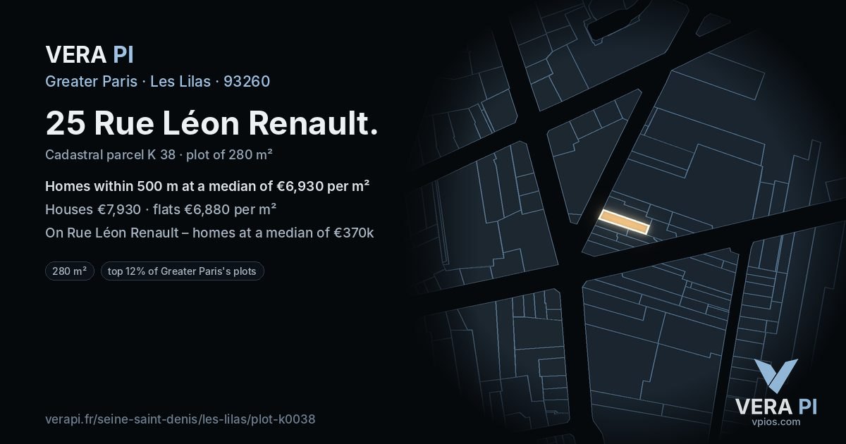 25 Rue Léon Renault, Les Lilas at night – the plot lit, the parcels around coloured by the prices near them