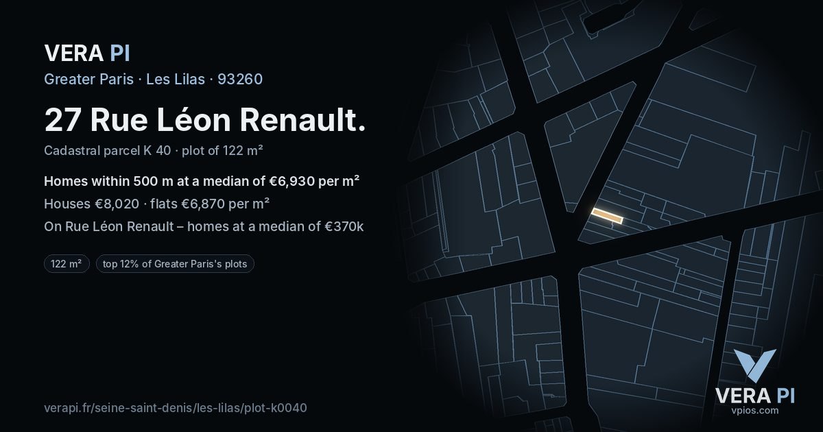 27 Rue Léon Renault, Les Lilas at night – the plot lit, the parcels around coloured by the prices near them