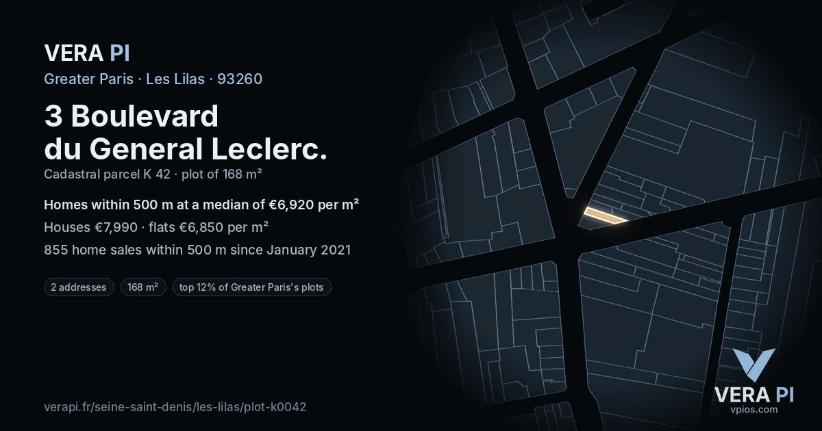 3 Boulevard du General Leclerc, Les Lilas at night – the plot lit, the parcels around coloured by the prices near them