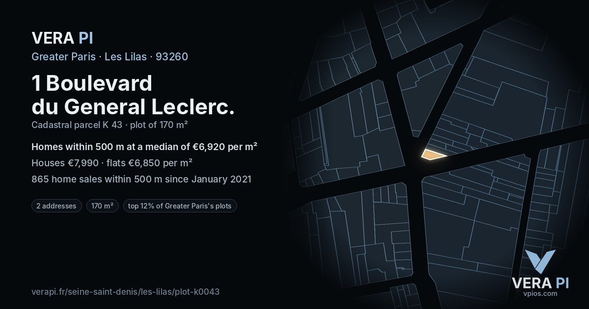 1 Boulevard du General Leclerc, Les Lilas at night – the plot lit, the parcels around coloured by the prices near them