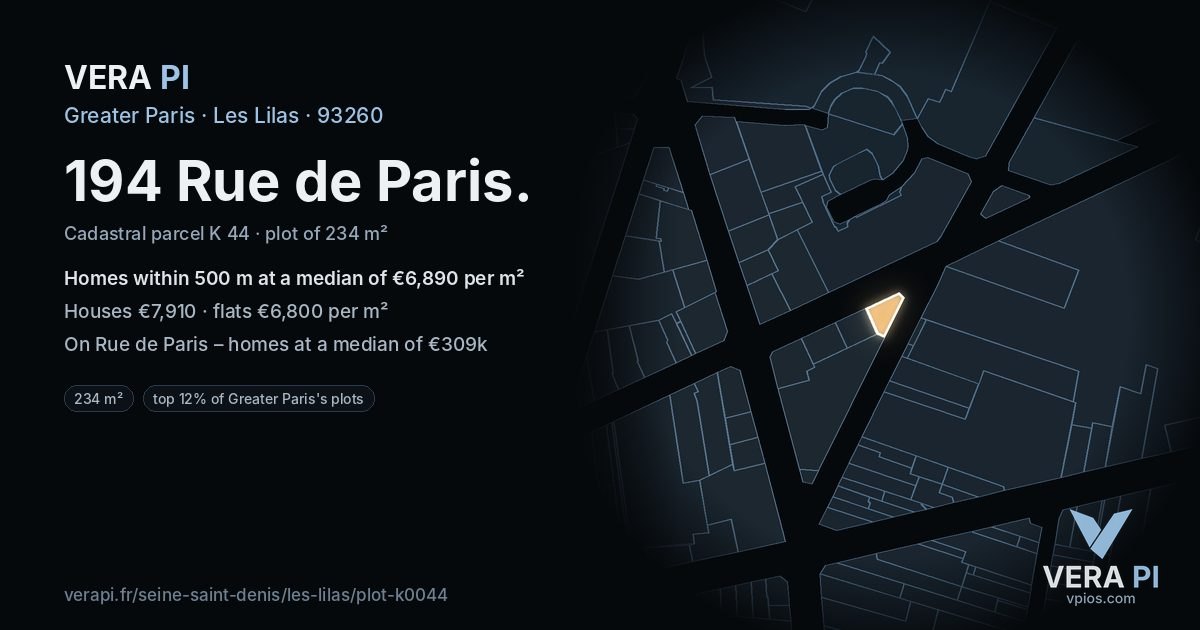 194 Rue de Paris, Les Lilas at night – the plot lit, the parcels around coloured by the prices near them