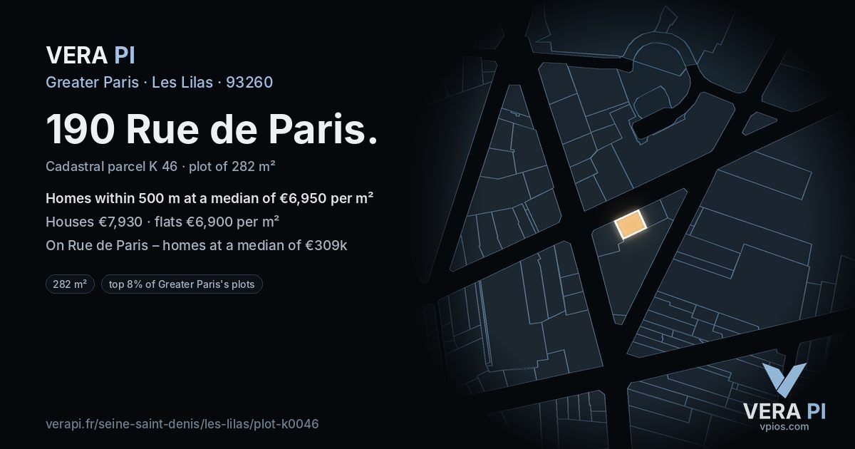 190 Rue de Paris, Les Lilas at night – the plot lit, the parcels around coloured by the prices near them