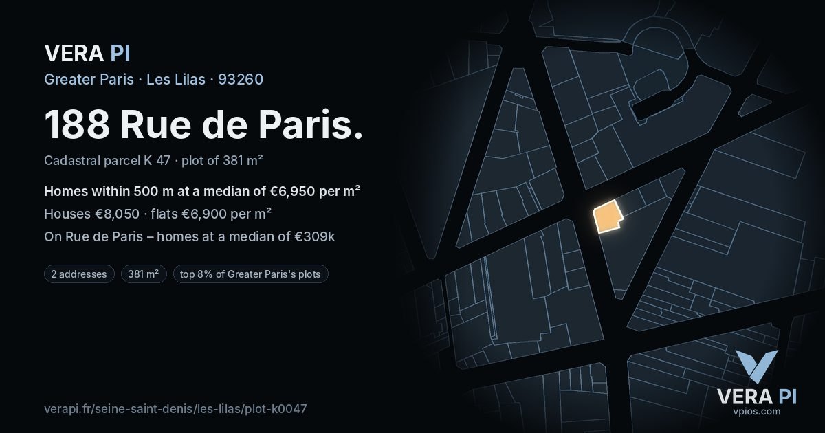 188 Rue de Paris, Les Lilas at night – the plot lit, the parcels around coloured by the prices near them