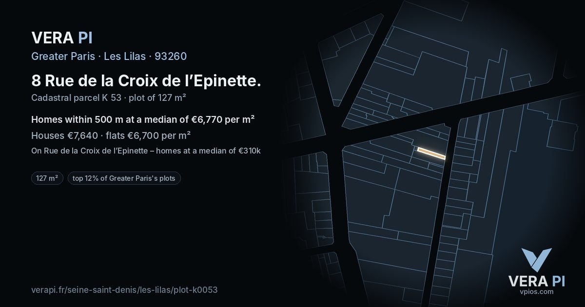8 Rue de la Croix de l’Epinette, Les Lilas at night – the plot lit, the parcels around coloured by the prices near them
