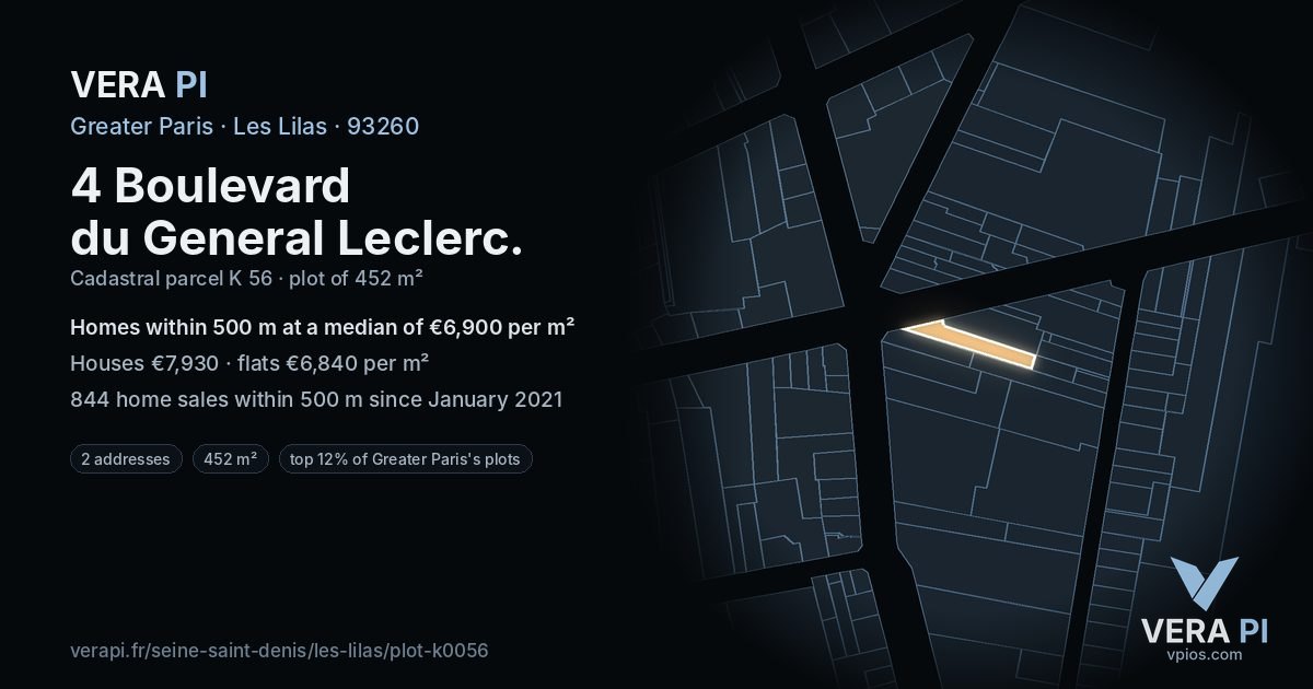 4 Boulevard du General Leclerc, Les Lilas at night – the plot lit, the parcels around coloured by the prices near them