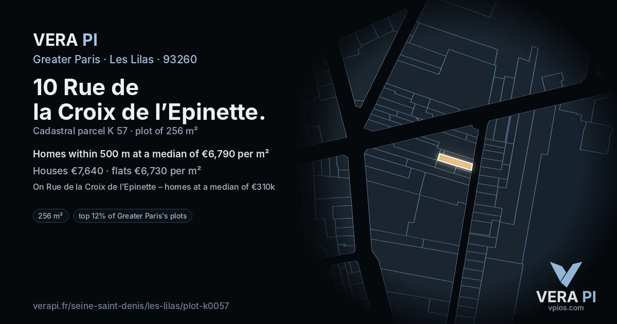 10 Rue de la Croix de l’Epinette, Les Lilas at night – the plot lit, the parcels around coloured by the prices near them