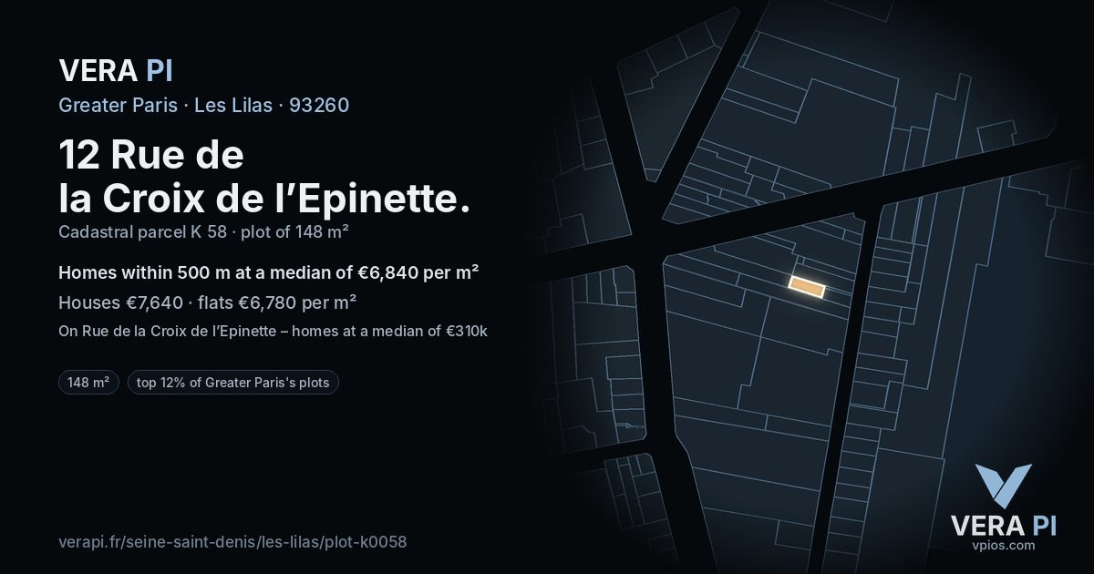 12 Rue de la Croix de l’Epinette, Les Lilas at night – the plot lit, the parcels around coloured by the prices near them