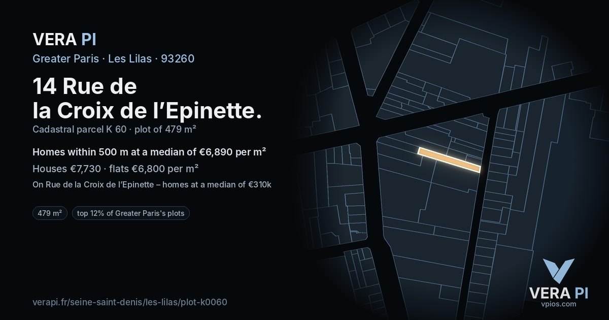 14 Rue de la Croix de l’Epinette, Les Lilas at night – the plot lit, the parcels around coloured by the prices near them