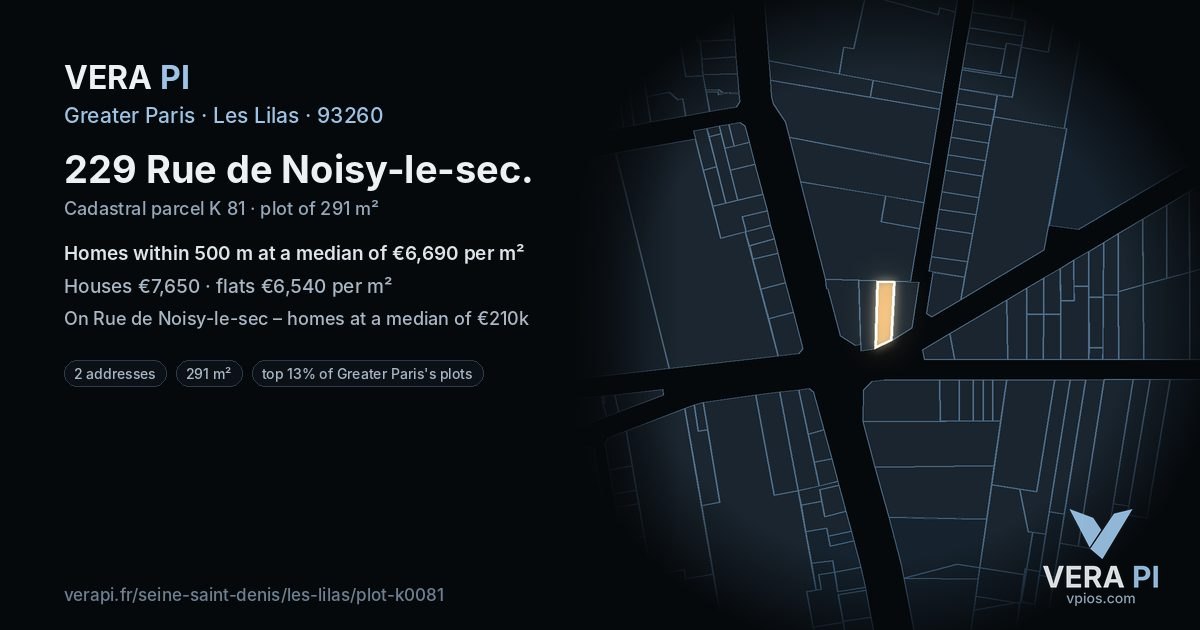 229 Rue de Noisy-le-sec, Les Lilas at night – the plot lit, the parcels around coloured by the prices near them