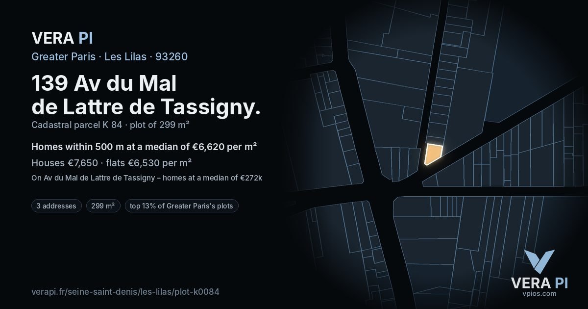 139 Av du Mal de Lattre de Tassigny, Les Lilas at night – the plot lit, the parcels around coloured by the prices near them