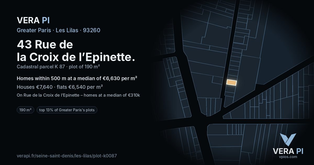43 Rue de la Croix de l’Epinette, Les Lilas at night – the plot lit, the parcels around coloured by the prices near them