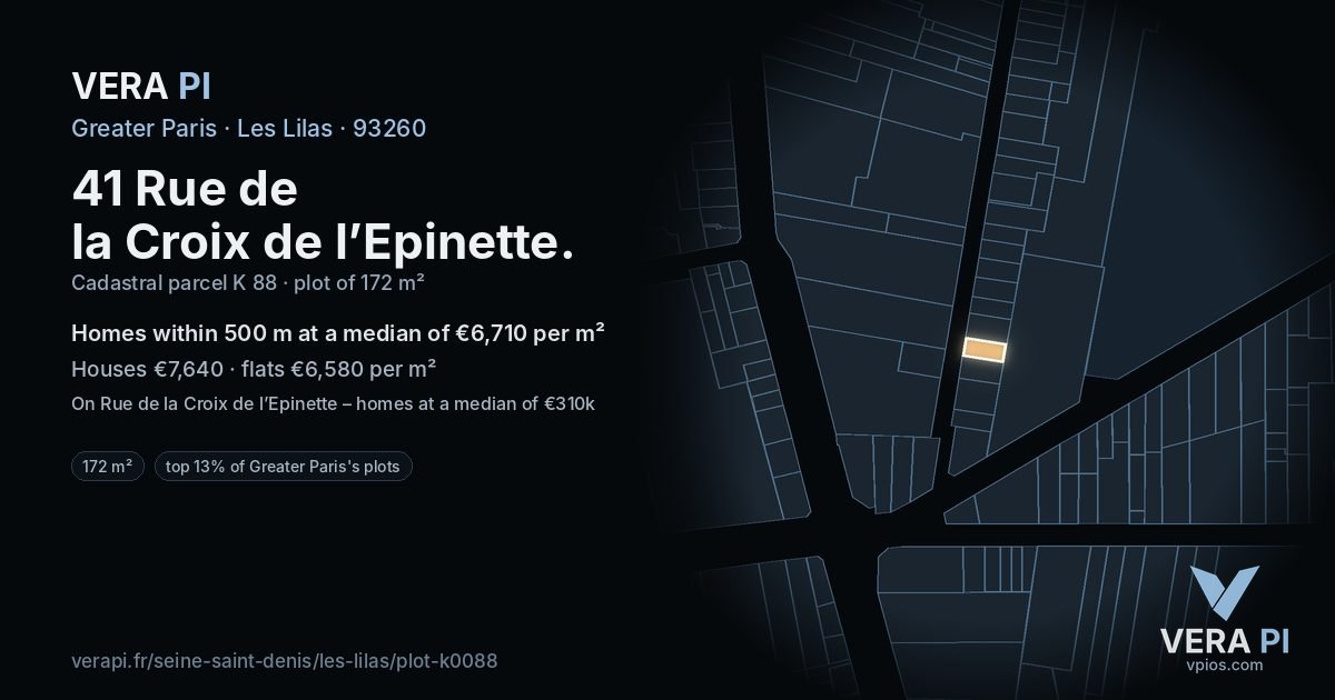 41 Rue de la Croix de l’Epinette, Les Lilas at night – the plot lit, the parcels around coloured by the prices near them