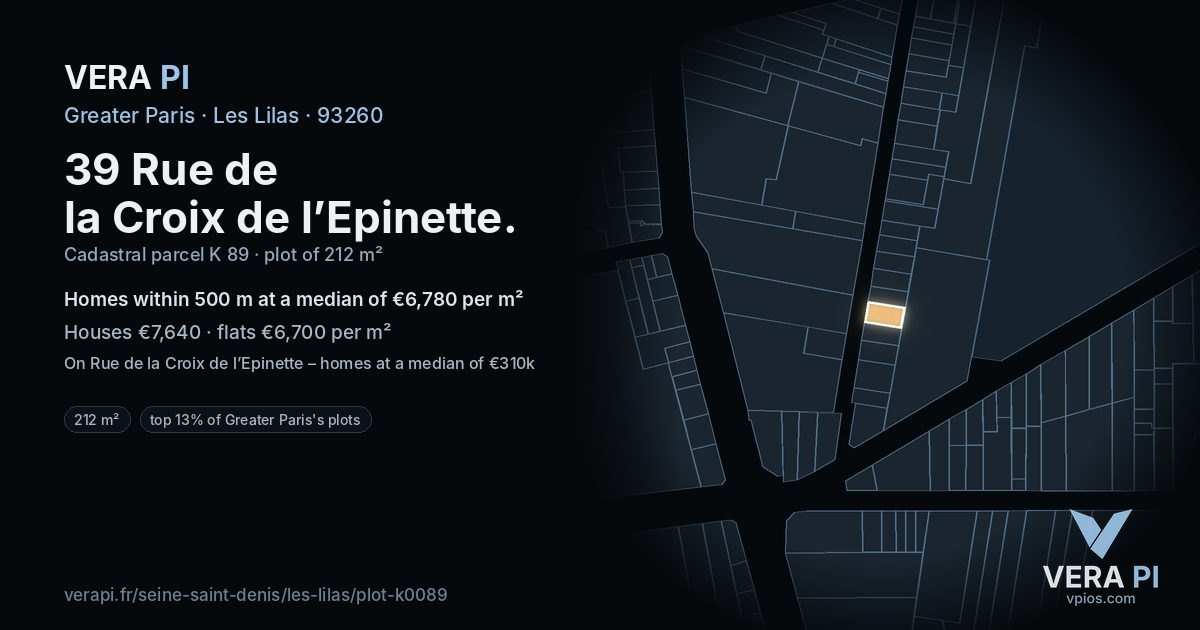 39 Rue de la Croix de l’Epinette, Les Lilas at night – the plot lit, the parcels around coloured by the prices near them
