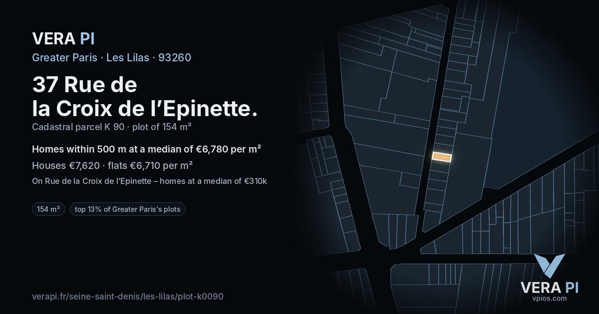 37 Rue de la Croix de l’Epinette, Les Lilas at night – the plot lit, the parcels around coloured by the prices near them