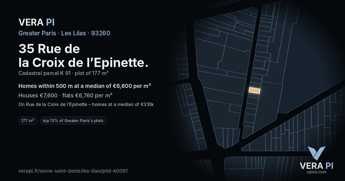 35 Rue de la Croix de l’Epinette, Les Lilas at night – the plot lit, the parcels around coloured by the prices near them