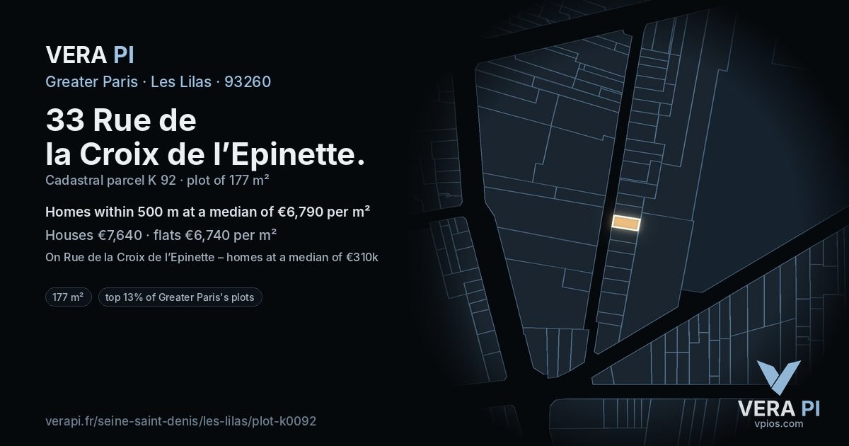 33 Rue de la Croix de l’Epinette, Les Lilas at night – the plot lit, the parcels around coloured by the prices near them