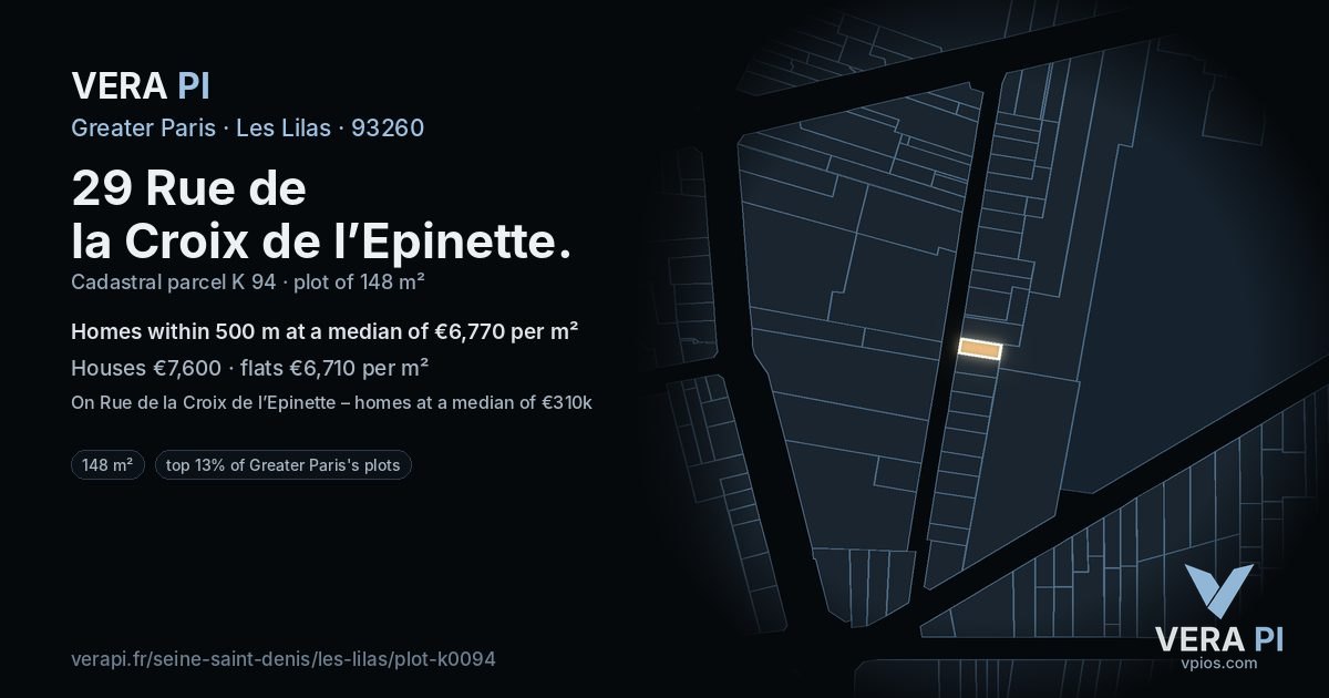 29 Rue de la Croix de l’Epinette, Les Lilas at night – the plot lit, the parcels around coloured by the prices near them