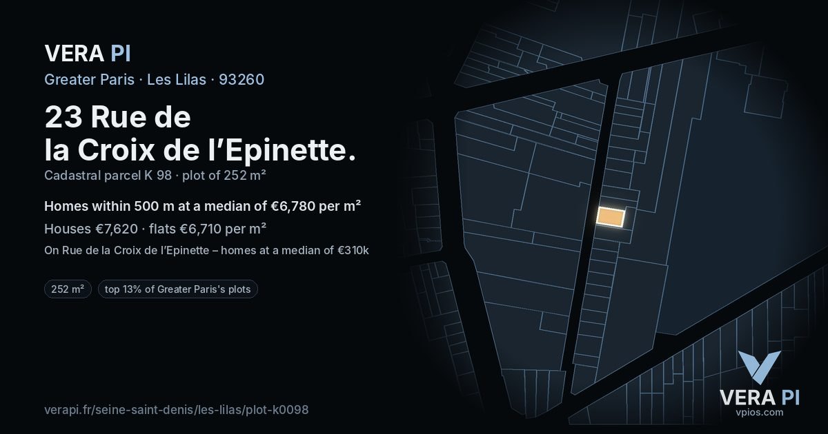 23 Rue de la Croix de l’Epinette, Les Lilas at night – the plot lit, the parcels around coloured by the prices near them