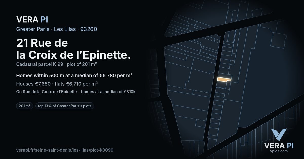 21 Rue de la Croix de l’Epinette, Les Lilas at night – the plot lit, the parcels around coloured by the prices near them