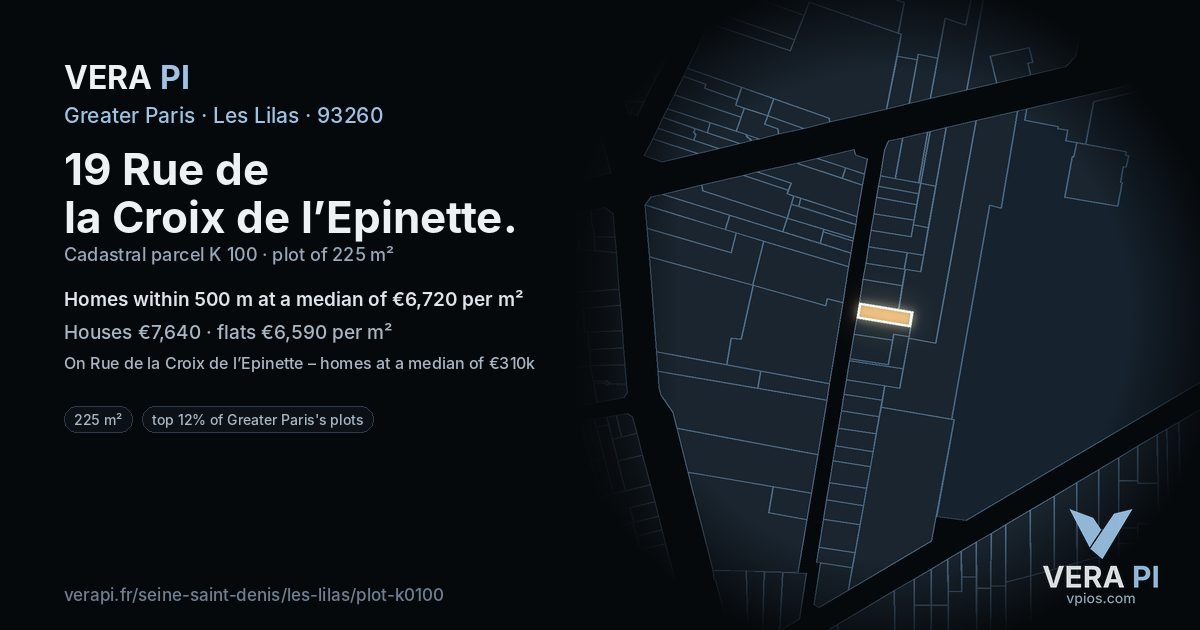 19 Rue de la Croix de l’Epinette, Les Lilas at night – the plot lit, the parcels around coloured by the prices near them