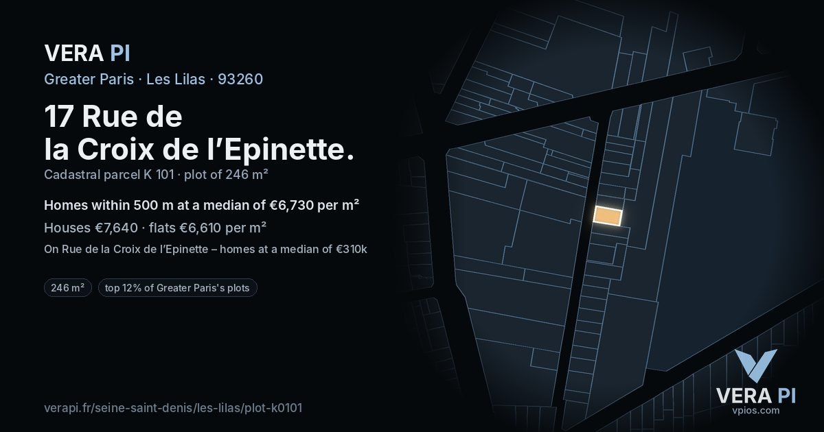 17 Rue de la Croix de l’Epinette, Les Lilas at night – the plot lit, the parcels around coloured by the prices near them
