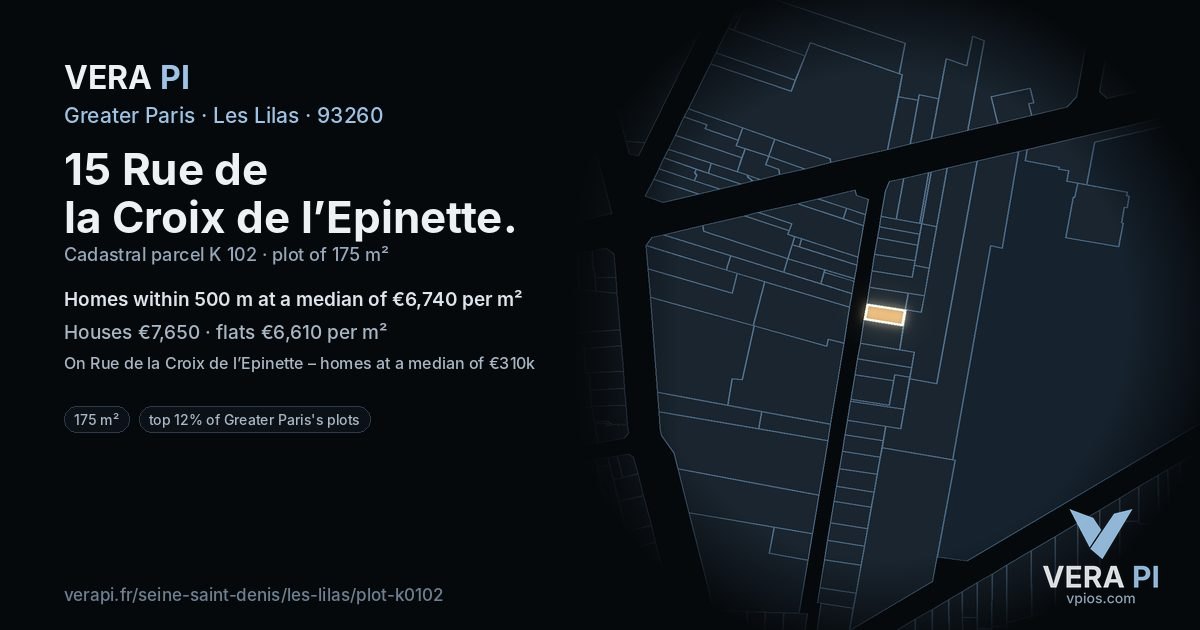 15 Rue de la Croix de l’Epinette, Les Lilas at night – the plot lit, the parcels around coloured by the prices near them