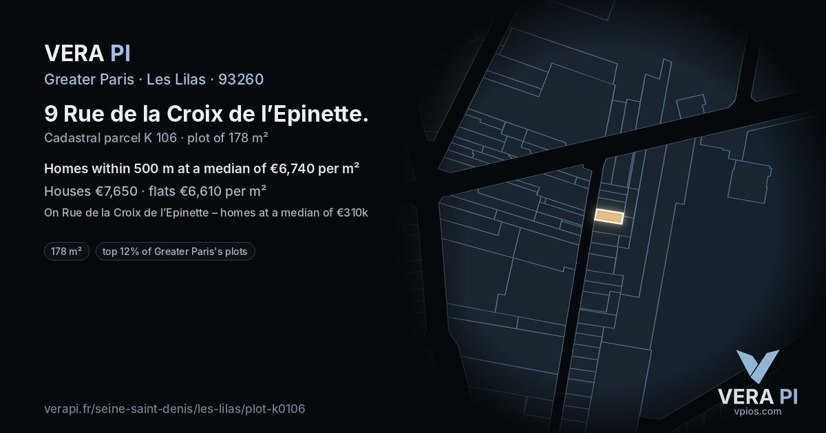 9 Rue de la Croix de l’Epinette, Les Lilas at night – the plot lit, the parcels around coloured by the prices near them