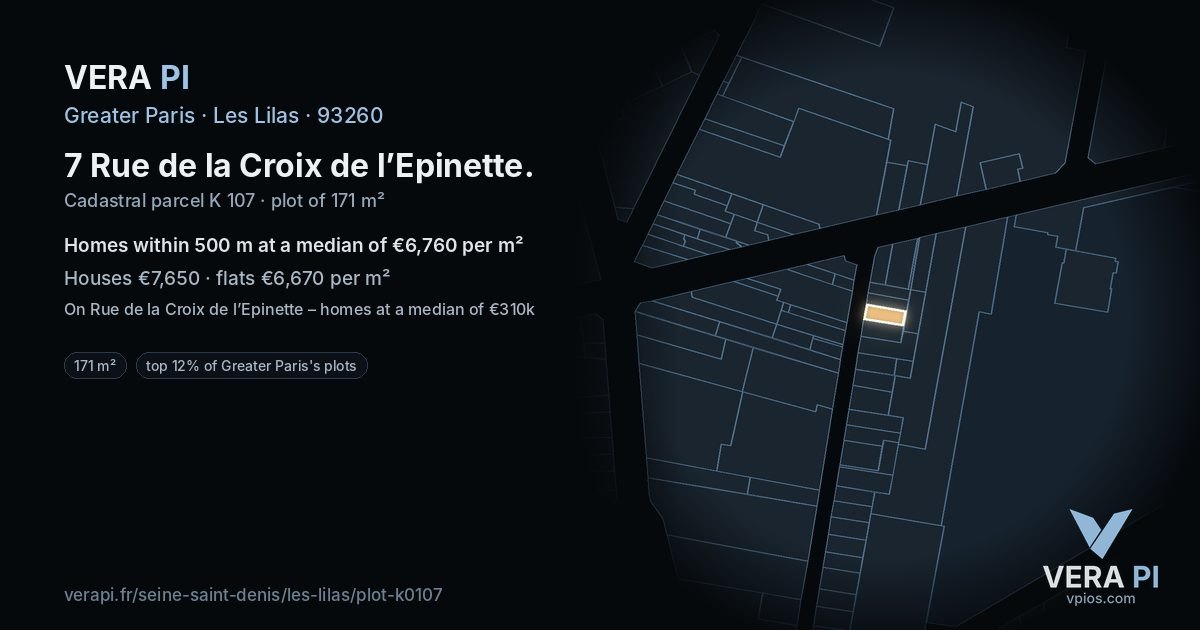 7 Rue de la Croix de l’Epinette, Les Lilas at night – the plot lit, the parcels around coloured by the prices near them